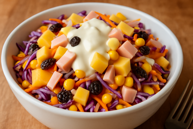 Salada refrescante colorida com abacaxi, repolho, cenoura e peito de peru em tigela branca