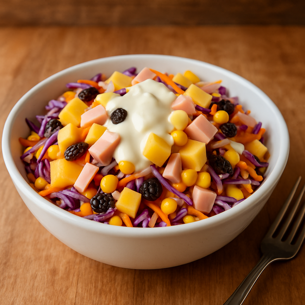 Salada refrescante colorida com abacaxi, repolho, cenoura e peito de peru em tigela branca