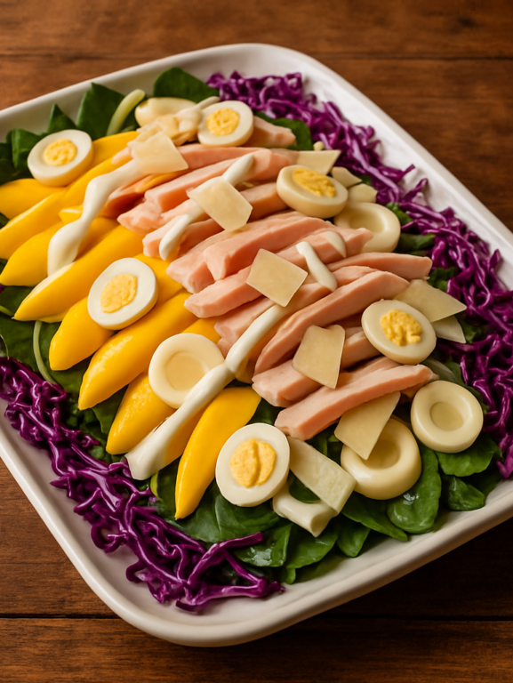 Salada Tropical colorida com manga, palmito, peito de peru e molho de iogurte em travessa branca