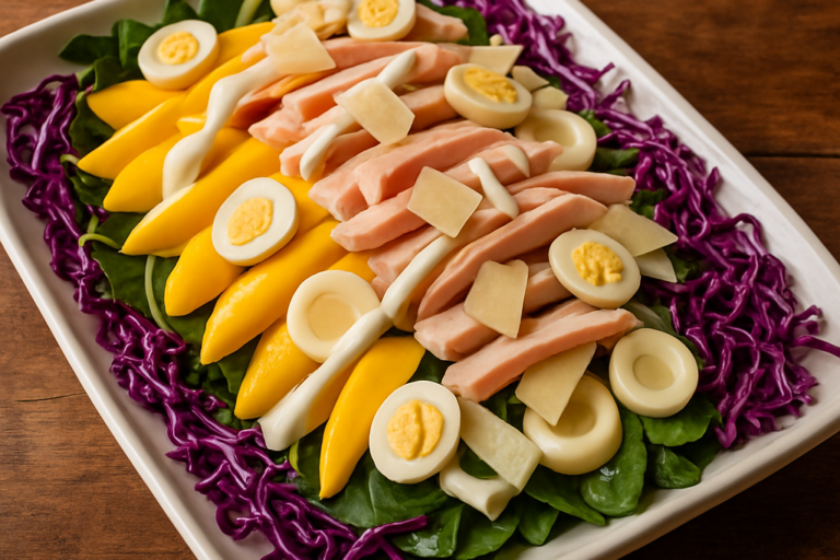 Salada Tropical colorida com manga, palmito, peito de peru e molho de iogurte em travessa branca