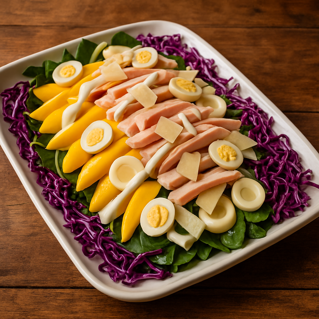 Salada Tropical colorida com manga, palmito, peito de peru e molho de iogurte em travessa branca