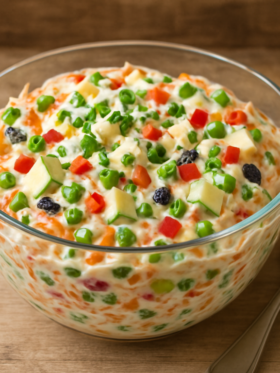 Salpicão vegetariano cremoso em tigela de vidro com cenoura, pimentões coloridos, maçã verde e nozes