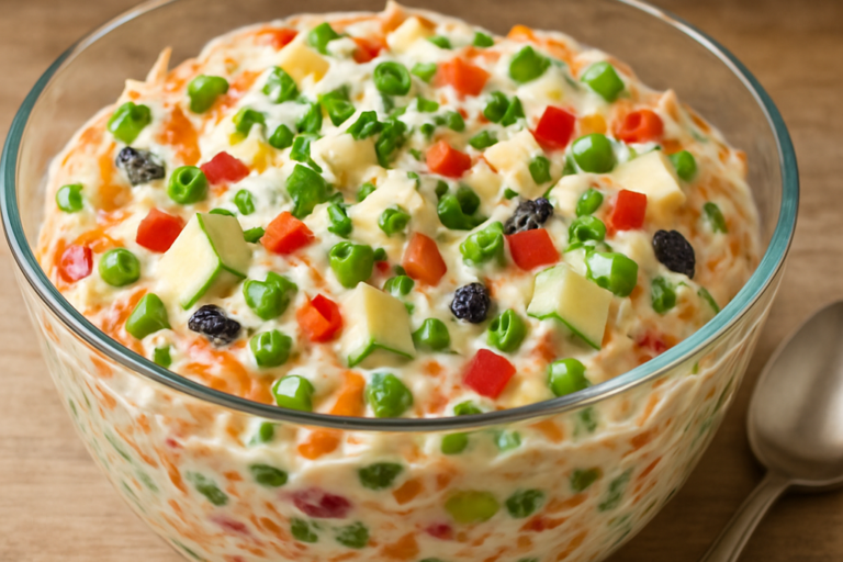 Salpicão vegetariano cremoso em tigela de vidro com cenoura, pimentões coloridos, maçã verde e nozes