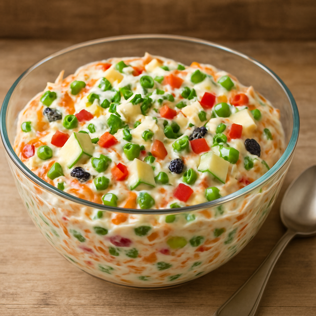 Salpicão vegetariano cremoso em tigela de vidro com cenoura, pimentões coloridos, maçã verde e nozes