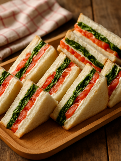 Sanduíche colorido cortado em triângulos com camadas de creme de tomate vermelho e espinafre verde em bandeja de madeira
