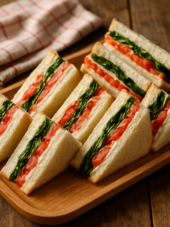 Sanduíche colorido cortado em triângulos com camadas de creme de tomate vermelho e espinafre verde em bandeja de madeira