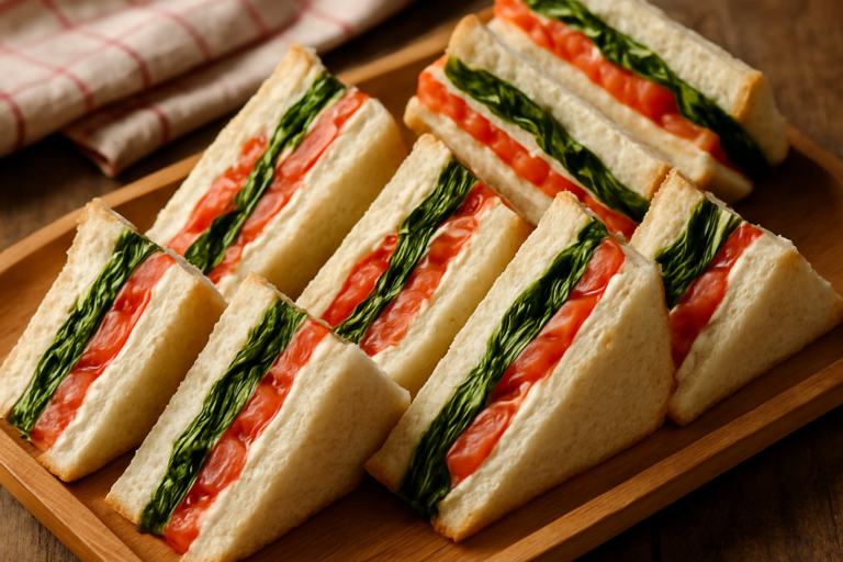 Sanduíche colorido cortado em triângulos com camadas de creme de tomate vermelho e espinafre verde em bandeja de madeira