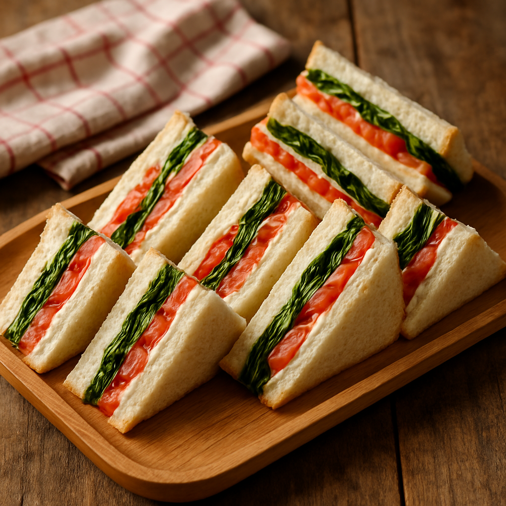 Sanduíche colorido cortado em triângulos com camadas de creme de tomate vermelho e espinafre verde em bandeja de madeira