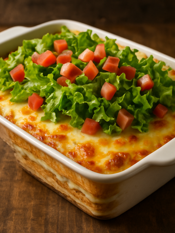 Sanduíche Gratinado de Forno da Priscila em refratário com creme de queijo dourado e salada fresca por cima