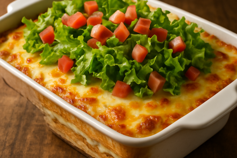 Sanduíche Gratinado de Forno da Priscila em refratário com creme de queijo dourado e salada fresca por cima
