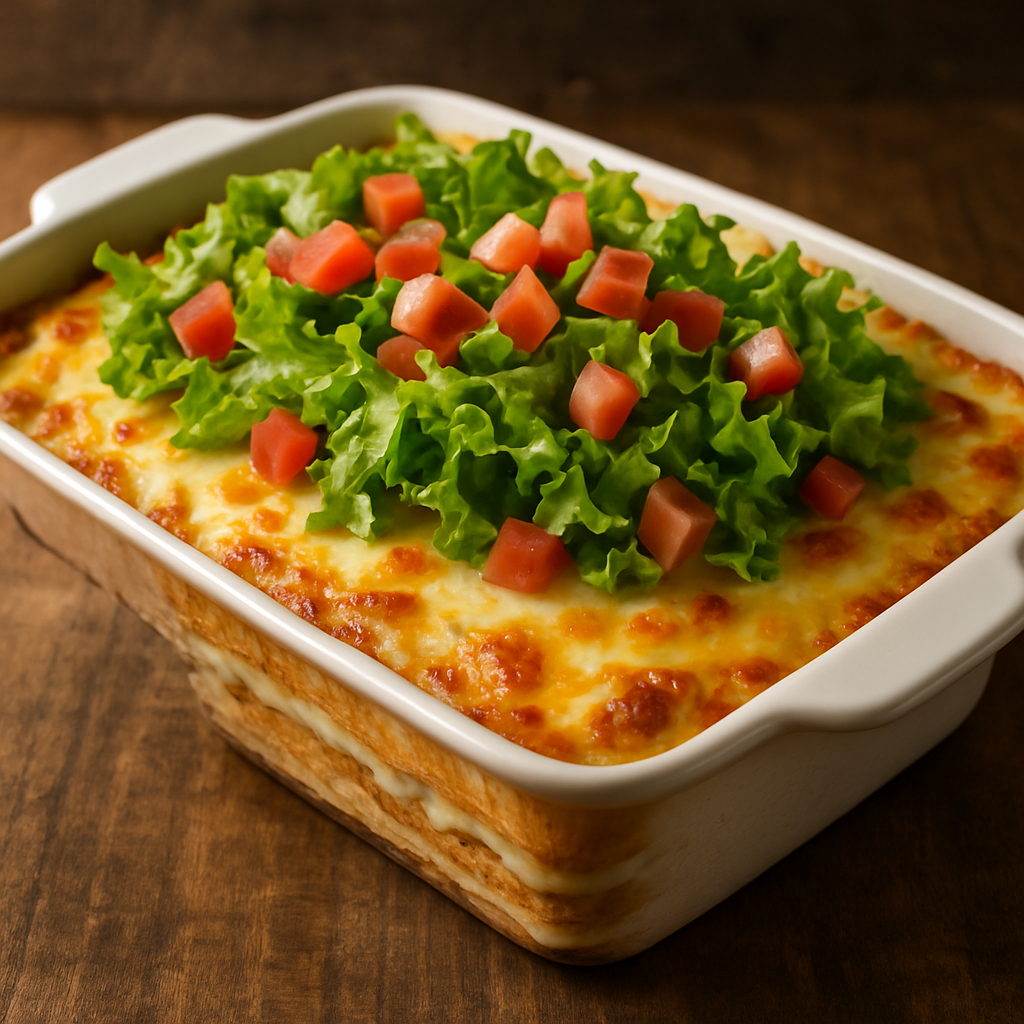 Sanduíche Gratinado de Forno da Priscila em refratário com creme de queijo dourado e salada fresca por cima