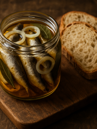 sardinhas tipo conserva caseiras em pote de vidro com óleo e temperos