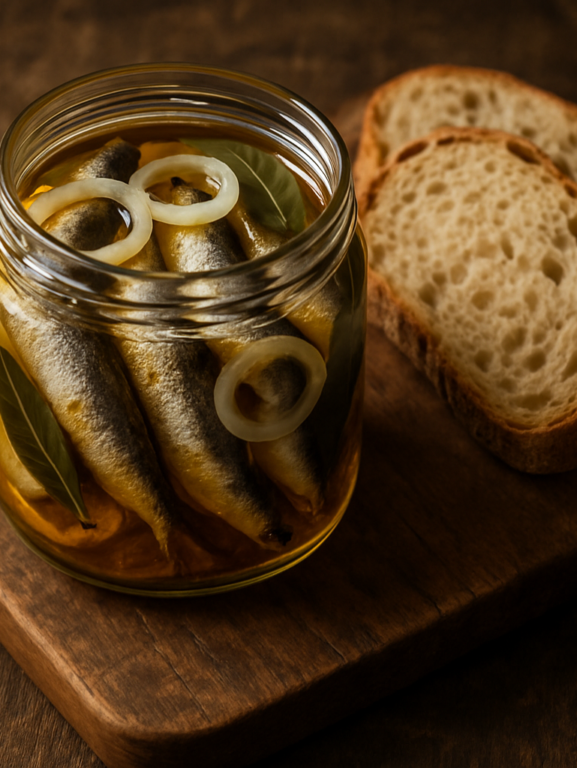 sardinhas tipo conserva caseiras em pote de vidro com óleo e temperos