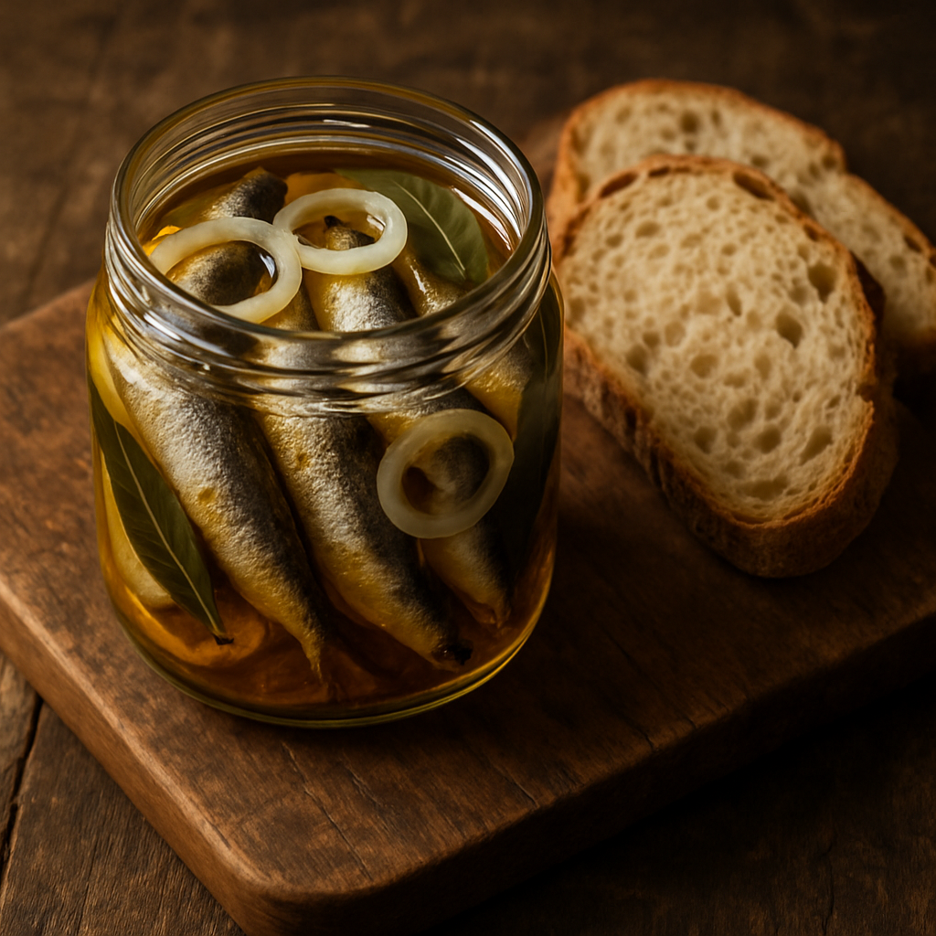 sardinhas tipo conserva caseiras em pote de vidro com óleo e temperos