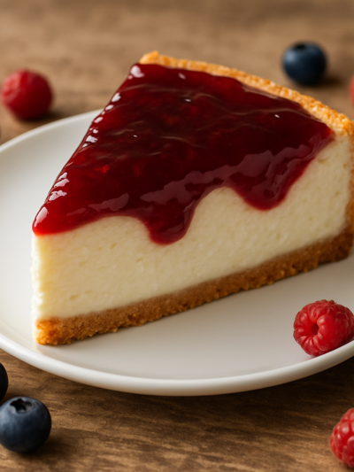 fatia de sobremesa de ricota cremosa com cobertura de geleia de frutas vermelhas em prato branco