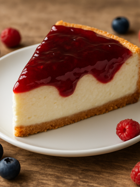 fatia de sobremesa de ricota cremosa com cobertura de geleia de frutas vermelhas em prato branco