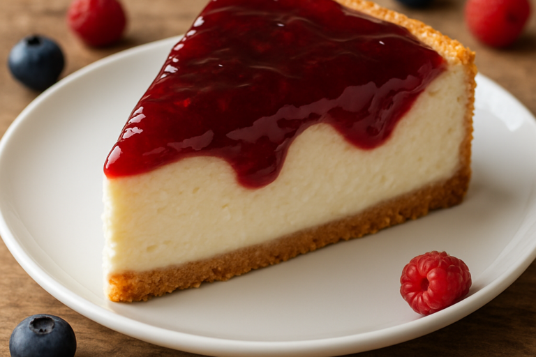 fatia de sobremesa de ricota cremosa com cobertura de geleia de frutas vermelhas em prato branco