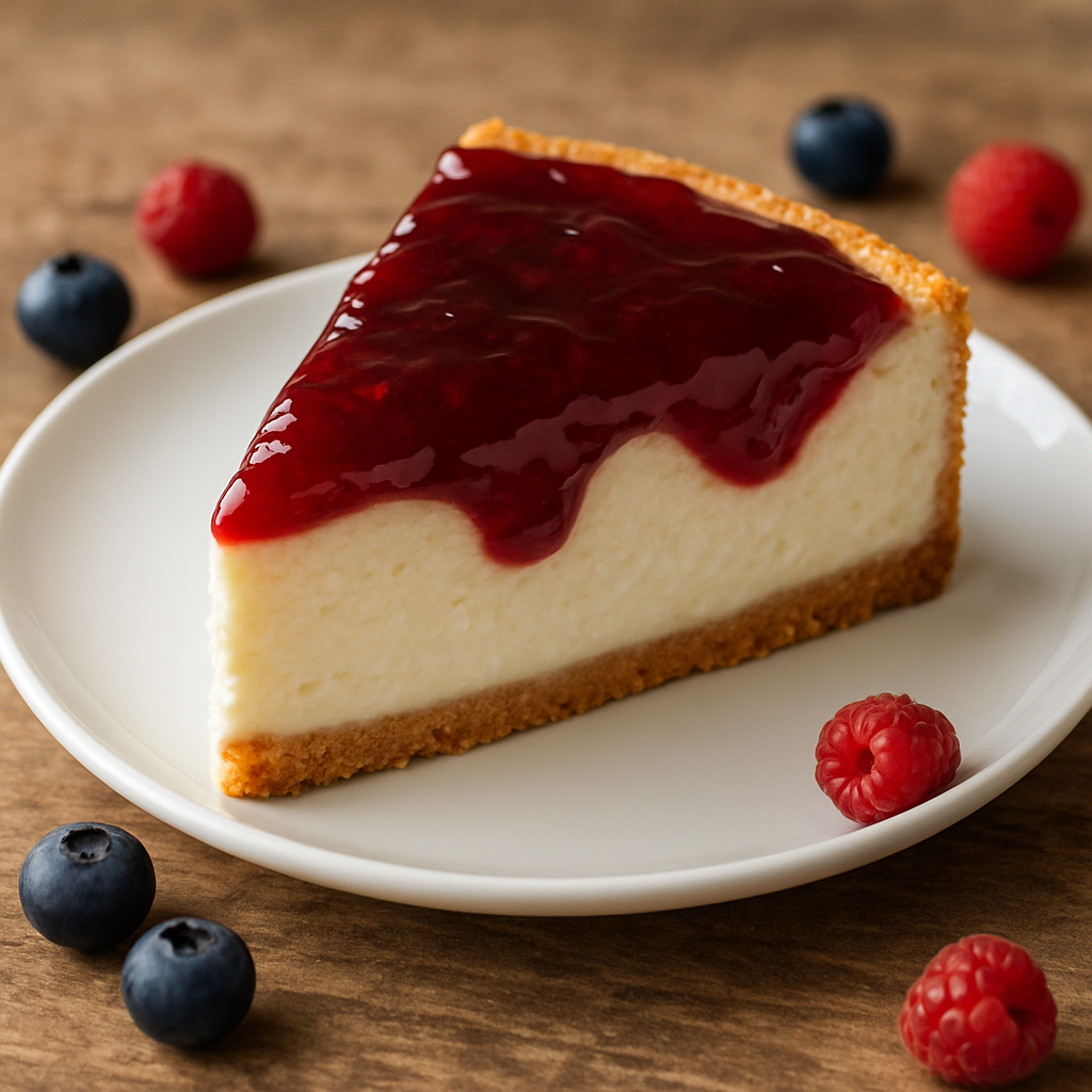 fatia de sobremesa de ricota cremosa com cobertura de geleia de frutas vermelhas em prato branco