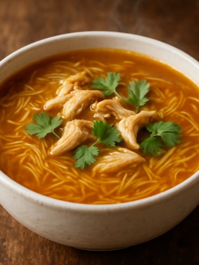 Tigela de sopa de aletria com frango desfiado e coentro fresco servida quente