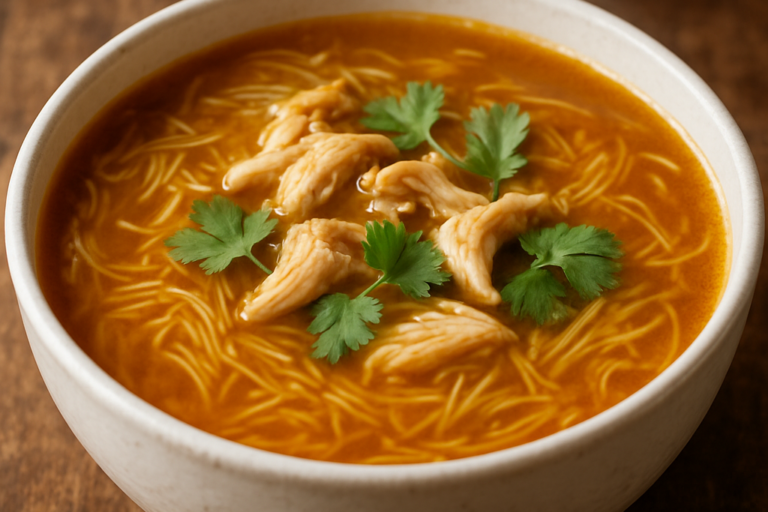 Tigela de sopa de aletria com frango desfiado e coentro fresco servida quente