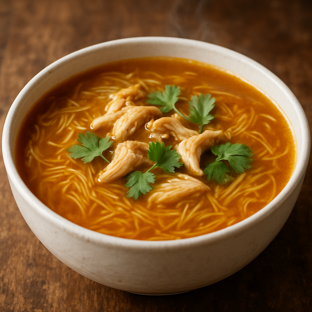 Tigela de sopa de aletria com frango desfiado e coentro fresco servida quente