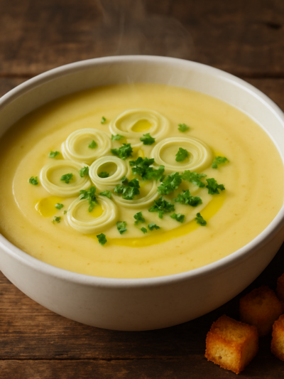 tigela com sopa de batata com alho poró cremosa e aveludada, finalizada com alho-poró fresco e croutons dourados