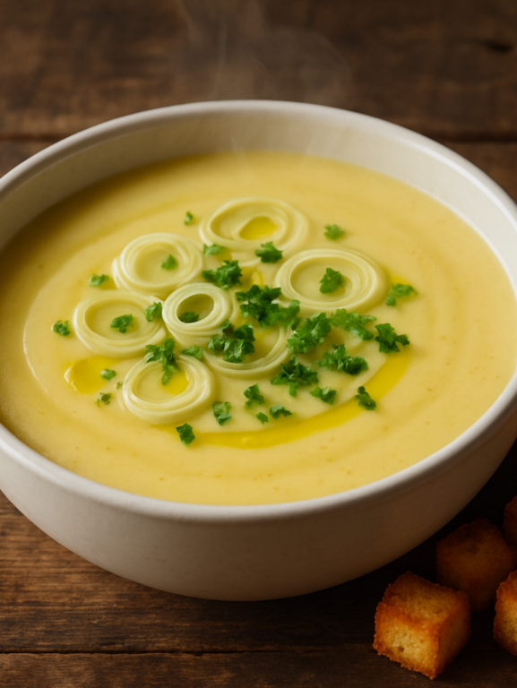 tigela com sopa de batata com alho poró cremosa e aveludada, finalizada com alho-poró fresco e croutons dourados