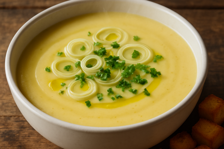 tigela com sopa de batata com alho poró cremosa e aveludada, finalizada com alho-poró fresco e croutons dourados