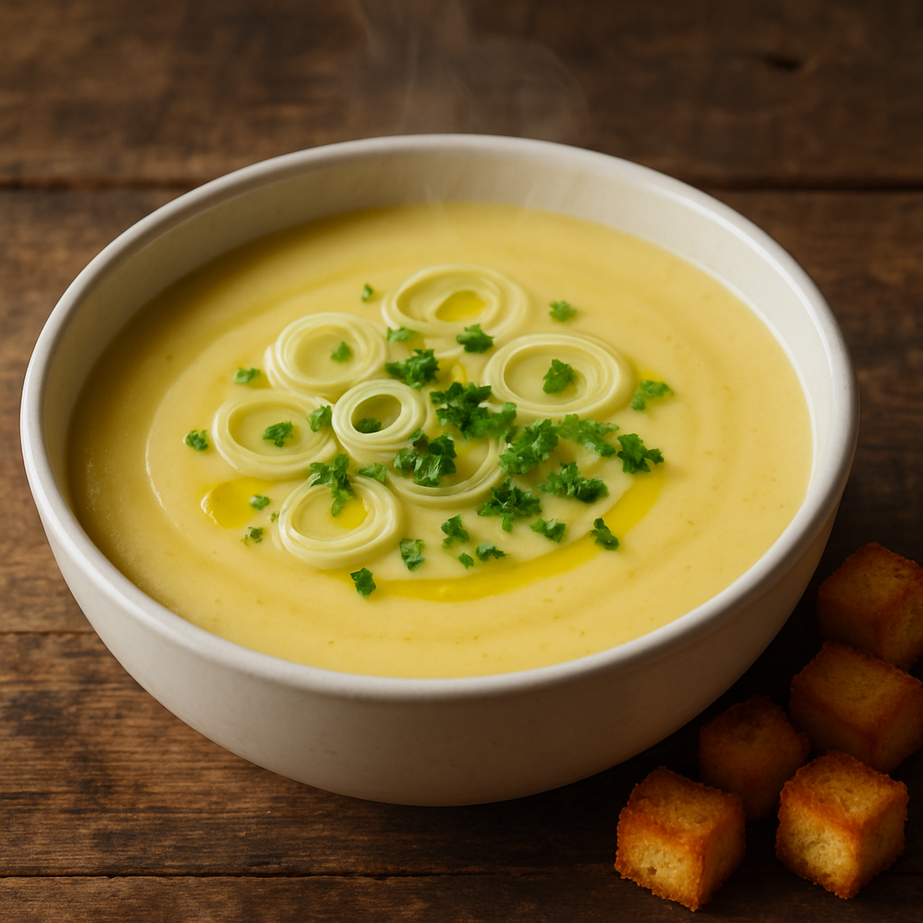 tigela com sopa de batata com alho poró cremosa e aveludada, finalizada com alho-poró fresco e croutons dourados