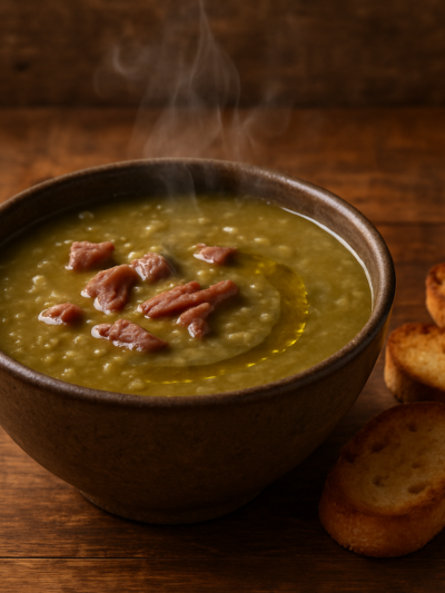 Tigela de sopa de ervilha carioca encorpada com carne seca e costelinha, servida quente com fio de azeite