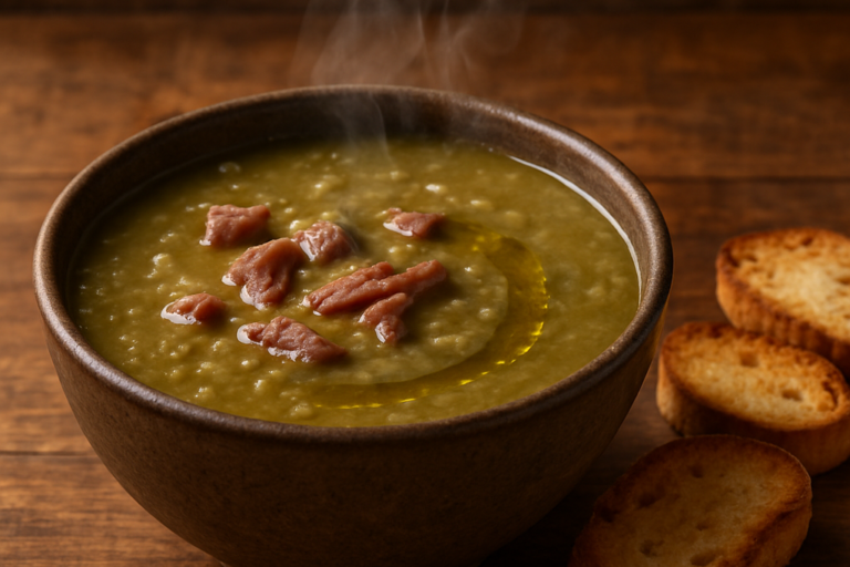 Tigela de sopa de ervilha carioca encorpada com carne seca e costelinha, servida quente com fio de azeite