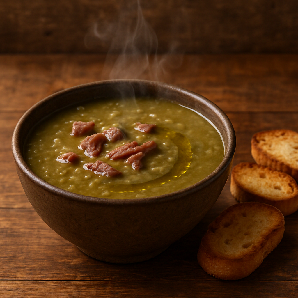 Tigela de sopa de ervilha carioca encorpada com carne seca e costelinha, servida quente com fio de azeite