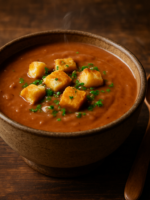 Tigela com sopa de feijão cremosa caseira finalizada com salsinha e croutons