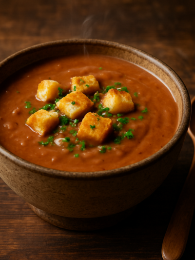 Tigela com sopa de feijão cremosa caseira finalizada com salsinha e croutons