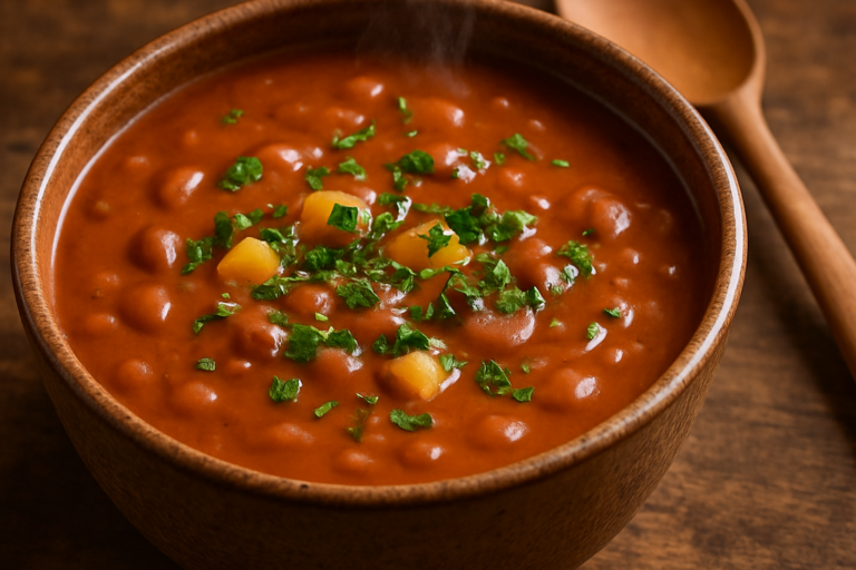 Tigela de sopa de feijão cremosa com batata e salsinha, receita caseira brasileira