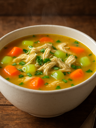 Tigela com sopa de frango com legumes cremosa, com cenoura, batata e cheiro-verde, servida quente