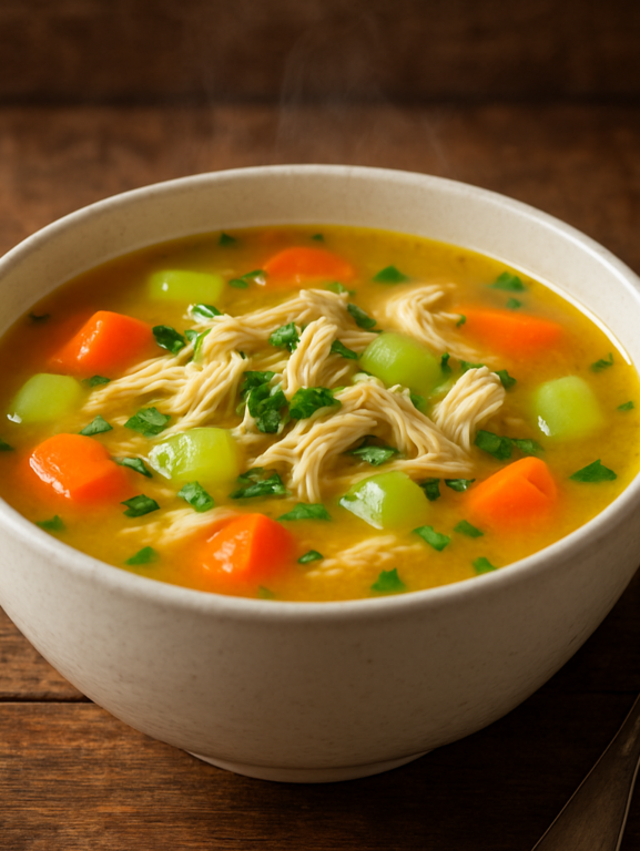 Tigela com sopa de frango com legumes cremosa, com cenoura, batata e cheiro-verde, servida quente