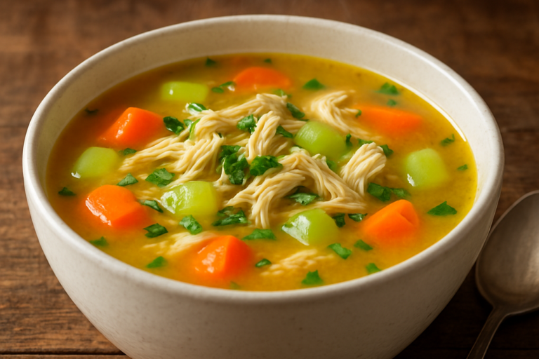 Tigela com sopa de frango com legumes cremosa, com cenoura, batata e cheiro-verde, servida quente