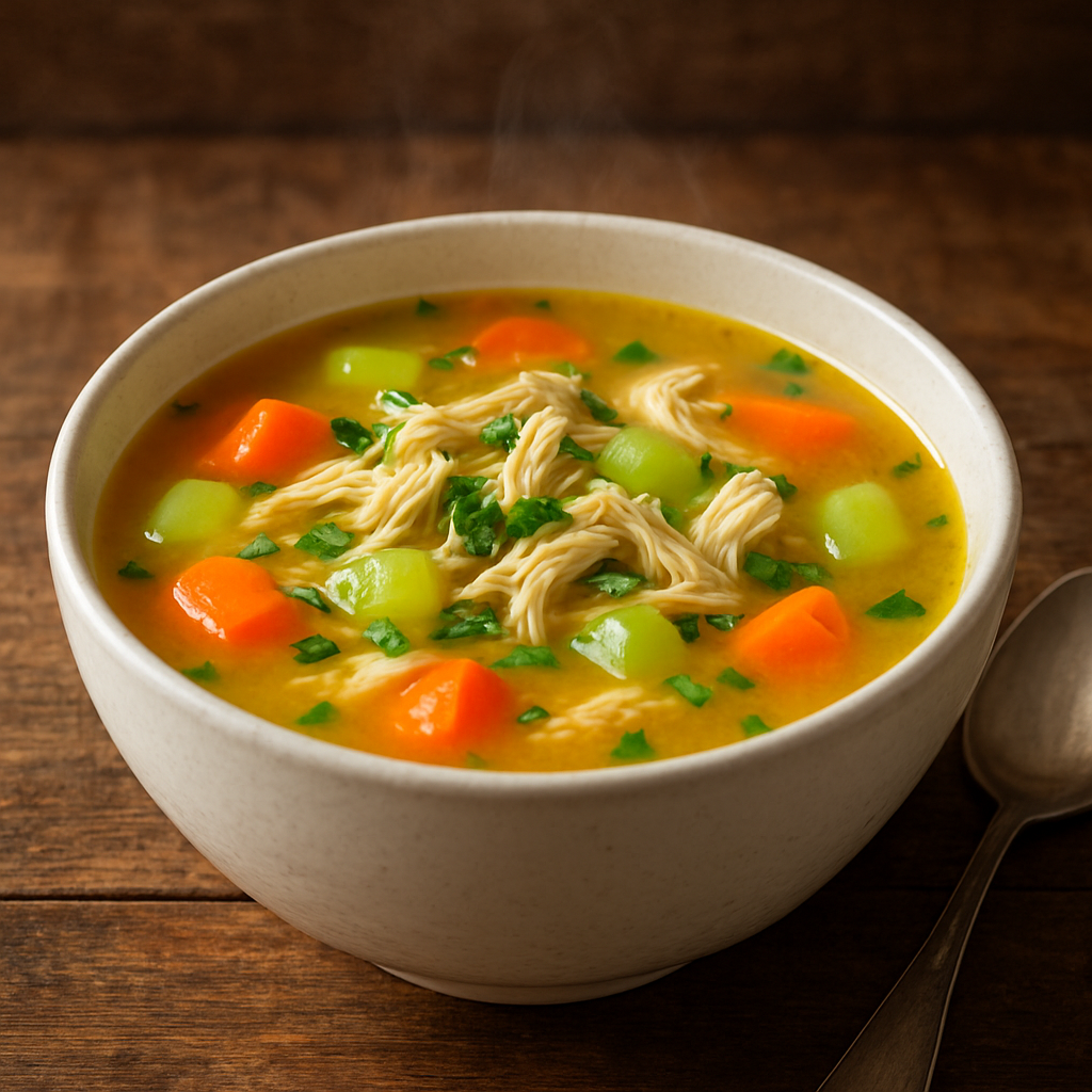 Tigela com sopa de frango com legumes cremosa, com cenoura, batata e cheiro-verde, servida quente