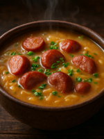 Sopa de Mandioca da Dona Izaura em tigela de cerâmica com linguiça, paio e fiozinhos de ovo