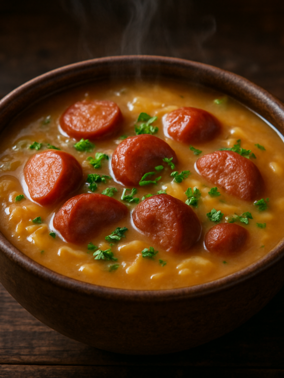 Sopa de Mandioca da Dona Izaura em tigela de cerâmica com linguiça, paio e fiozinhos de ovo