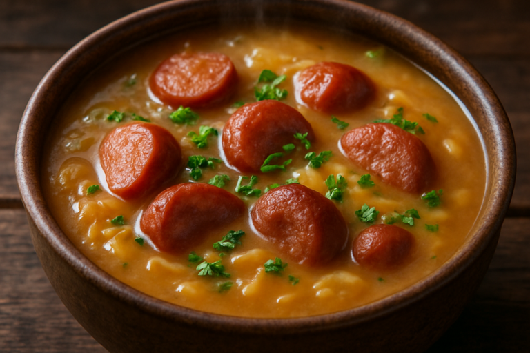 Sopa de Mandioca da Dona Izaura em tigela de cerâmica com linguiça, paio e fiozinhos de ovo