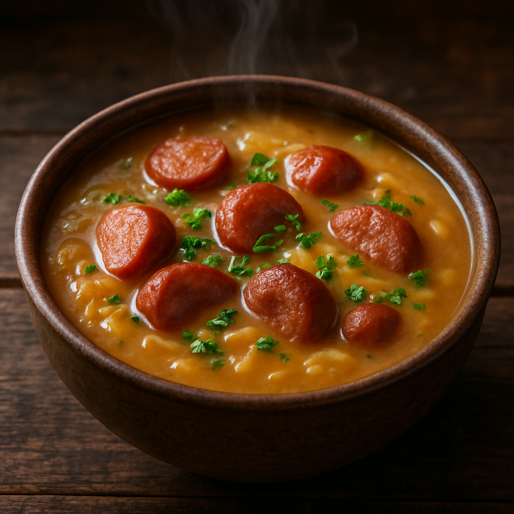 Sopa de Mandioca da Dona Izaura em tigela de cerâmica com linguiça, paio e fiozinhos de ovo