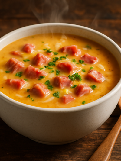 Tigela de sopa de presunto e queijo cremosa com queijo derretido e salsinha fresca por cima