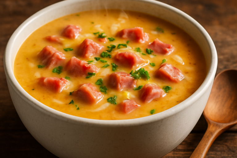 Tigela de sopa de presunto e queijo cremosa com queijo derretido e salsinha fresca por cima