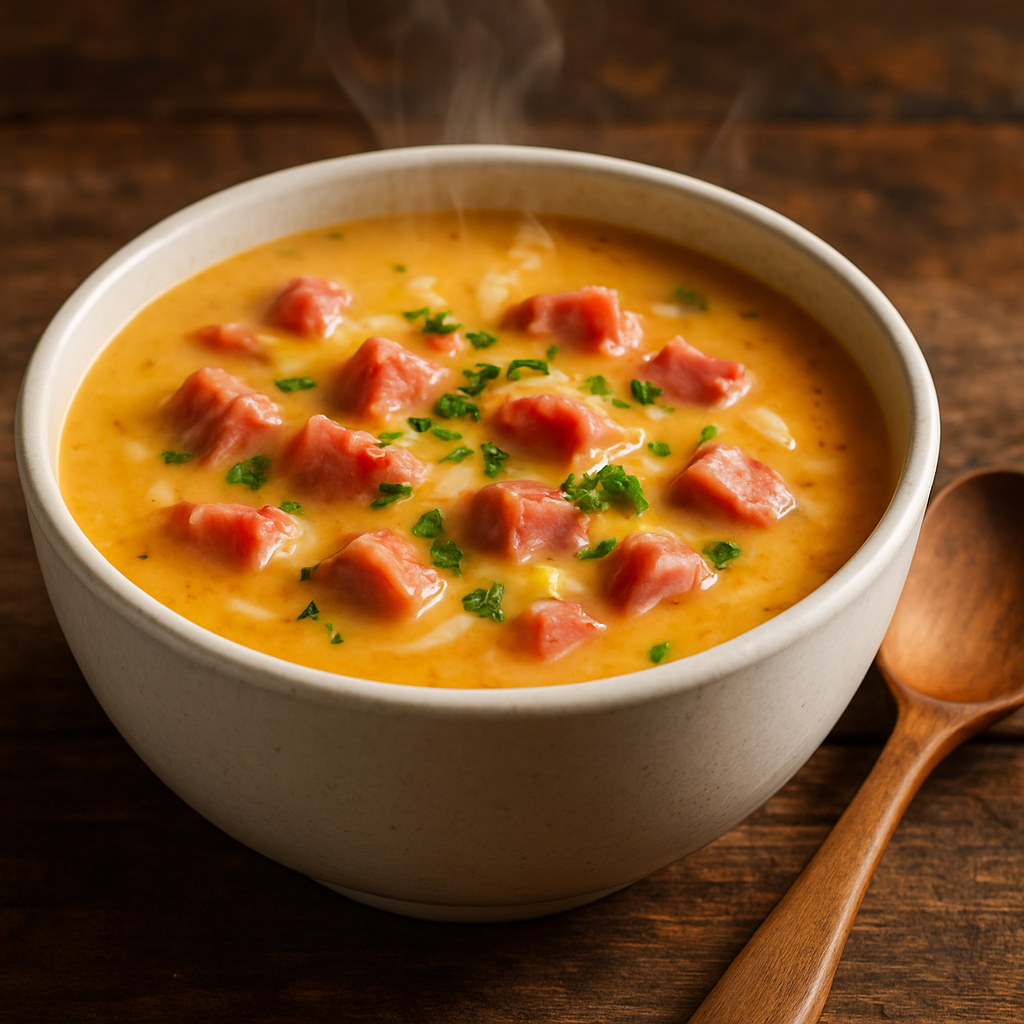 Tigela de sopa de presunto e queijo cremosa com queijo derretido e salsinha fresca por cima