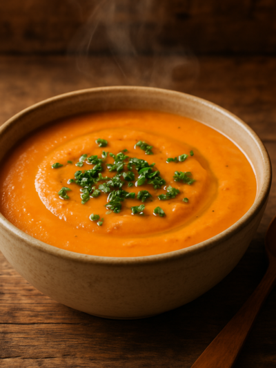 Sopa sem açúcar para lanche servida em tigela de cerâmica com salsinha e azeite