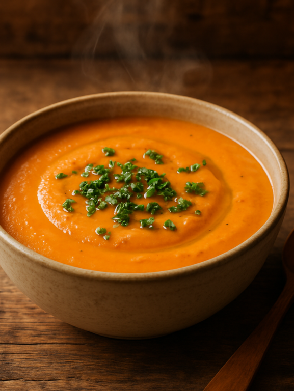 Sopa sem açúcar para lanche servida em tigela de cerâmica com salsinha e azeite