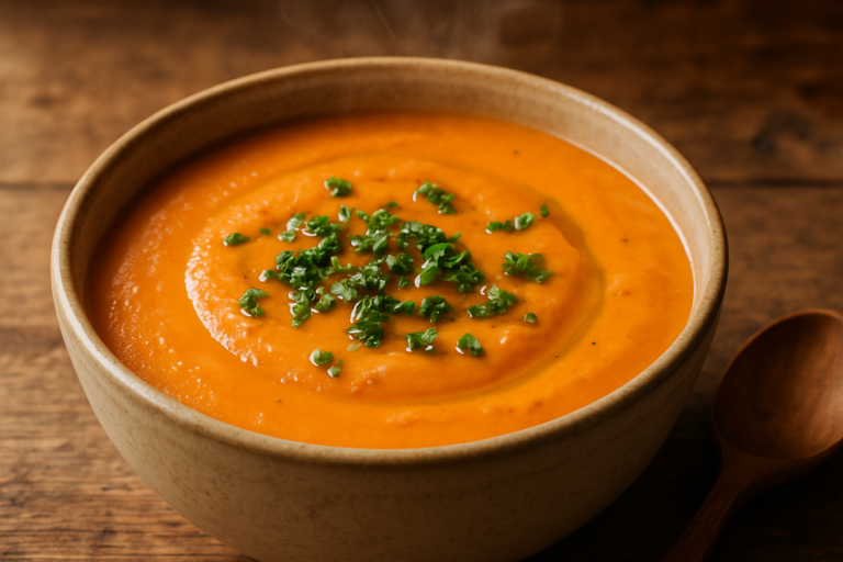Sopa sem açúcar para lanche servida em tigela de cerâmica com salsinha e azeite