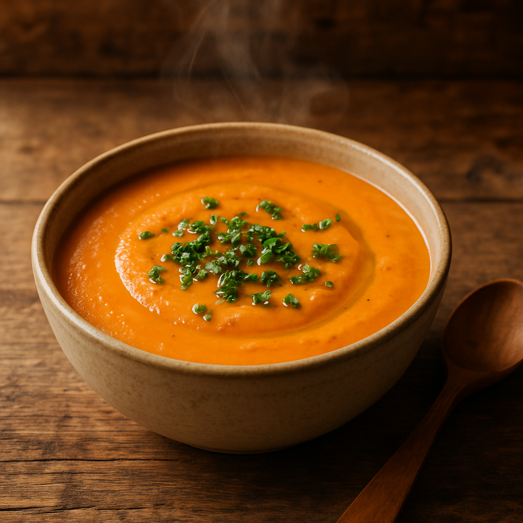 Sopa sem açúcar para lanche servida em tigela de cerâmica com salsinha e azeite